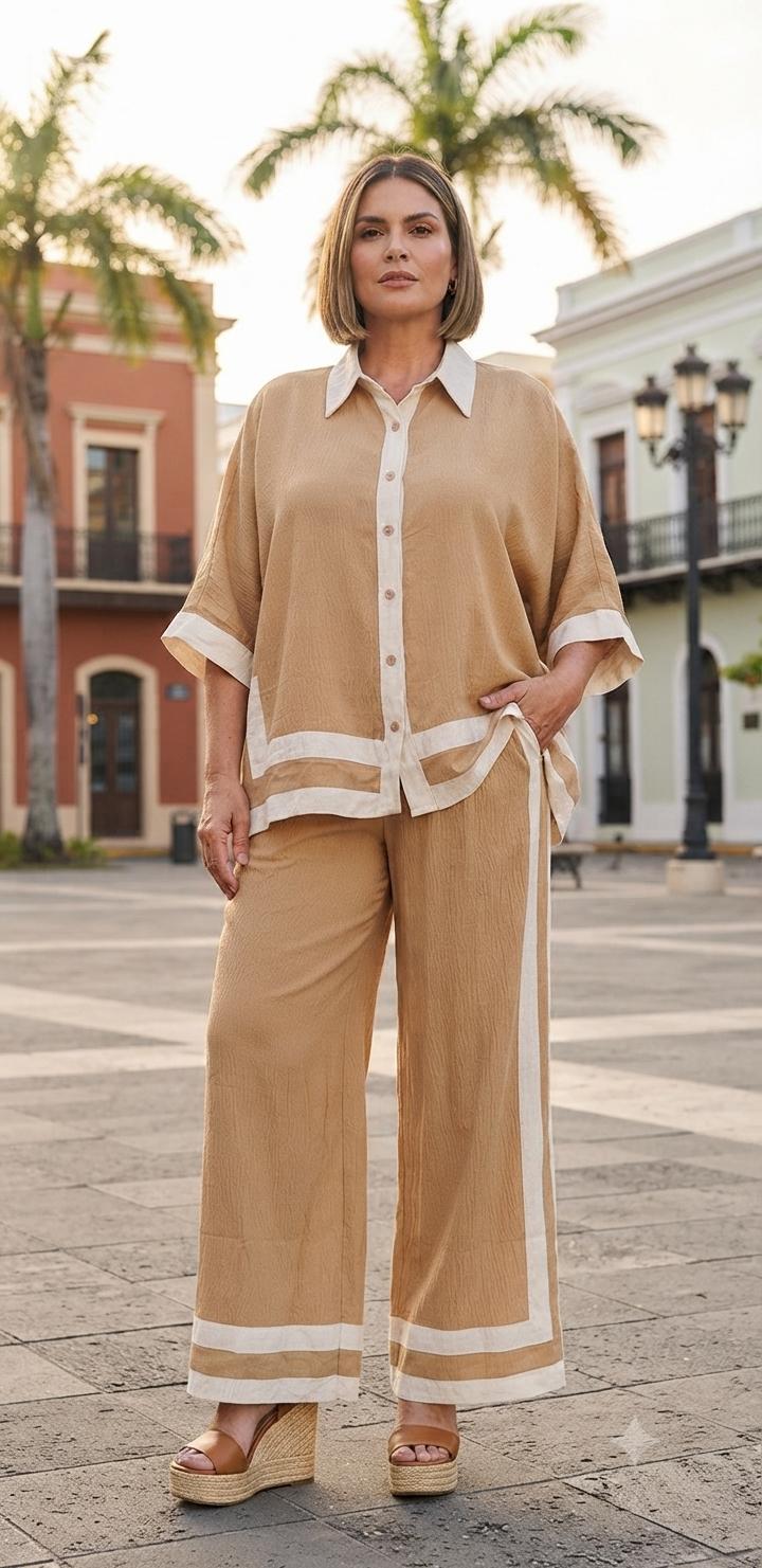 Taupe Contrast Trim Pants Set