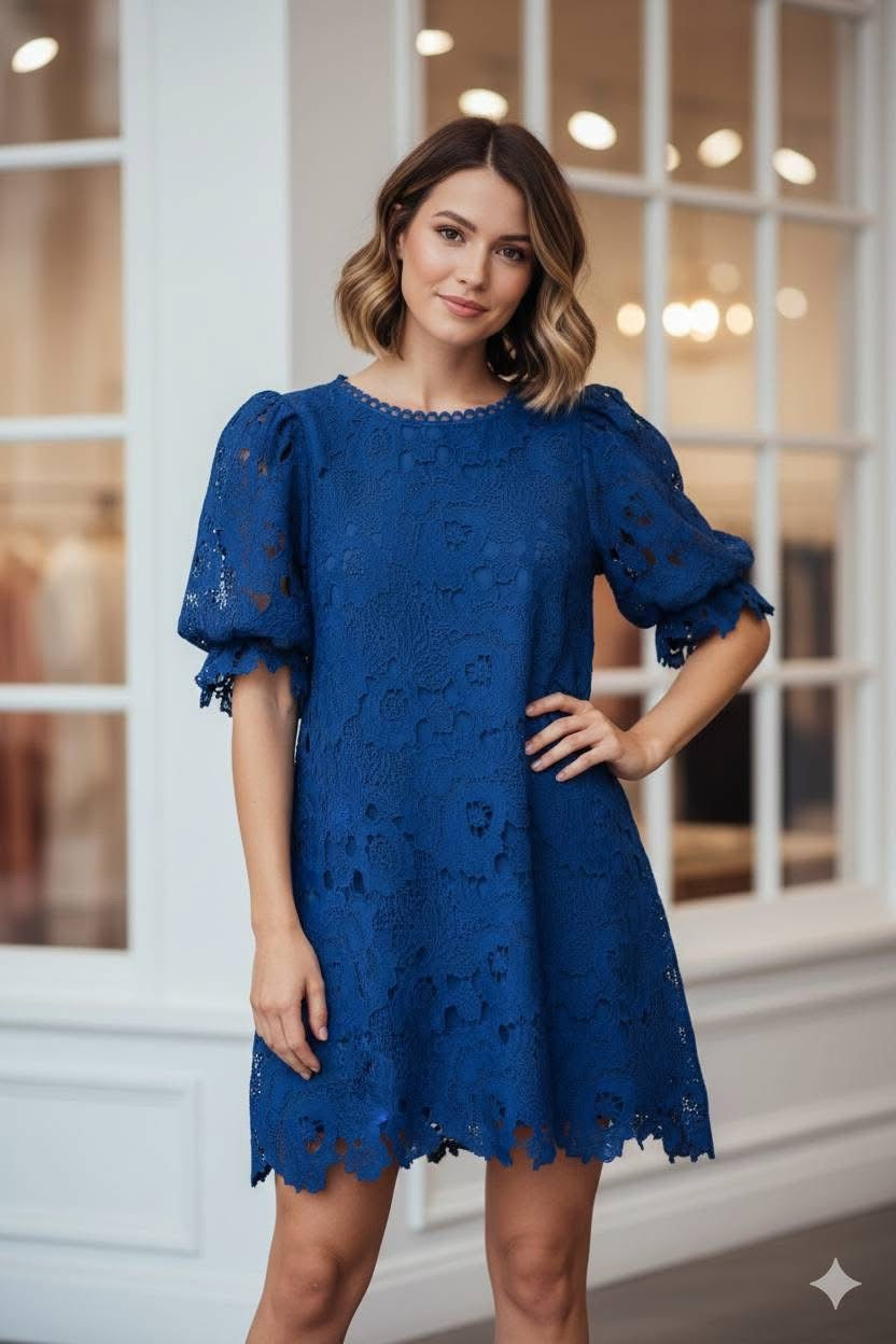 Floral Lace Midi Dress Blue