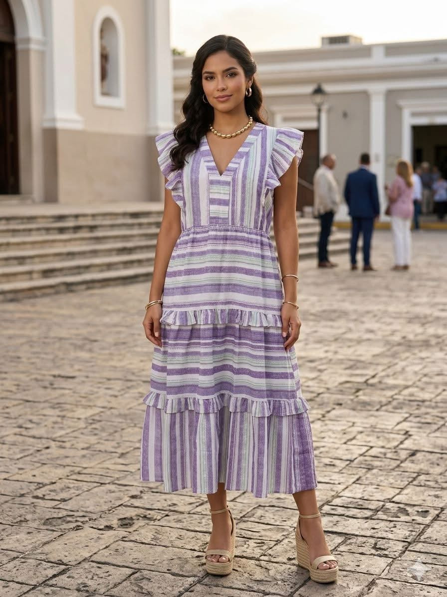 Print Ruffle Sleeve Midi Dress