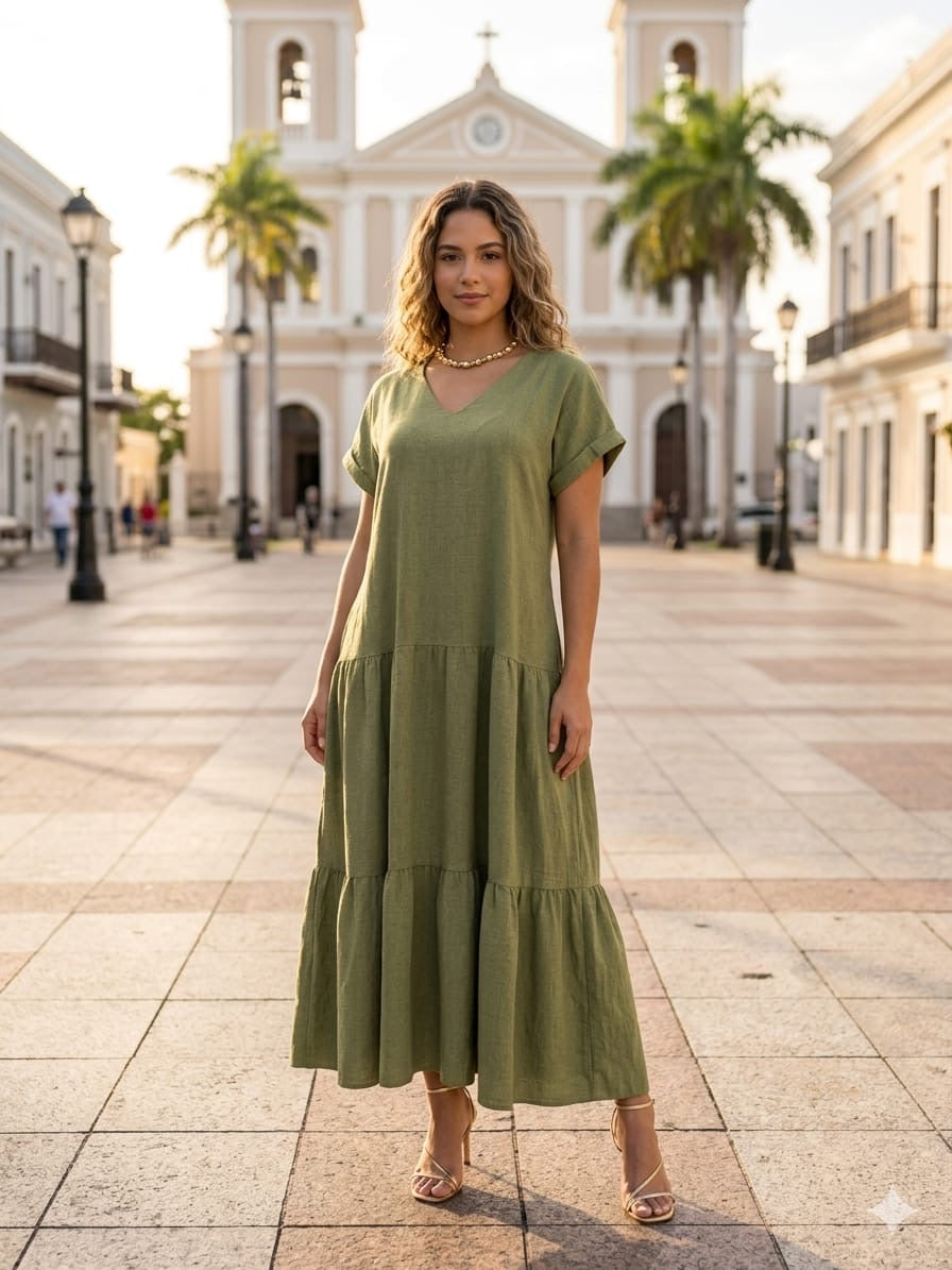 Olive Green Tiered Midi Dress