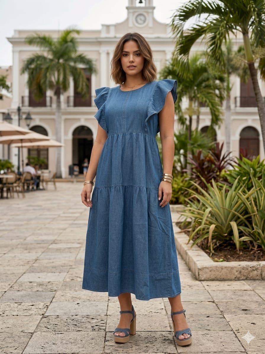 Flutter Sleeves Tiered Washed Denim Dress