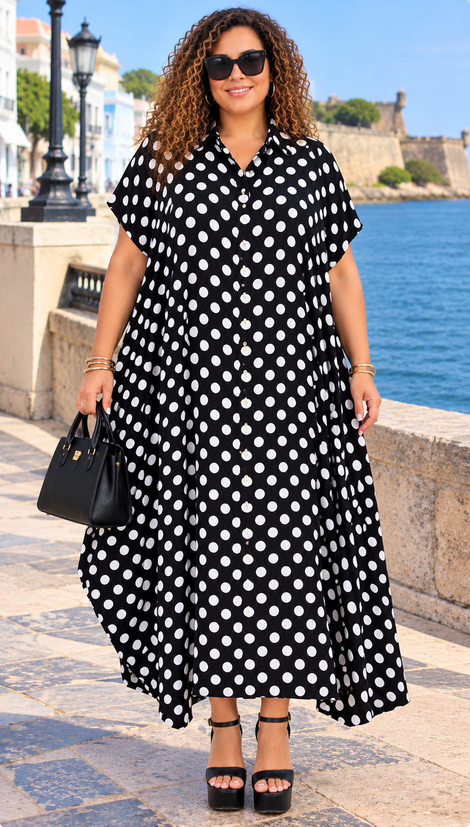 Polka Dot Button Down Dress – Black