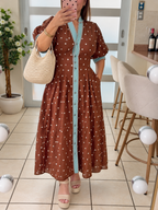 Polka Dot Contrast Trim Midi Dress – Brown🤎🩵