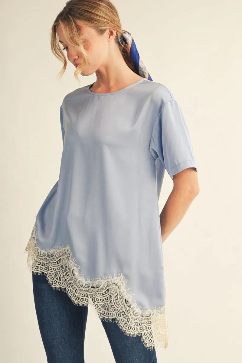 Pearl Blue Lace Satin Blouse