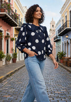 Blusa Audrey - Navy Polka Dot con Cuello Peter Pan - 911 Fashion Boutique