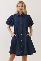 Classic Denim Bubble Sleeve Shirt Dress - 911 Fashion Boutique