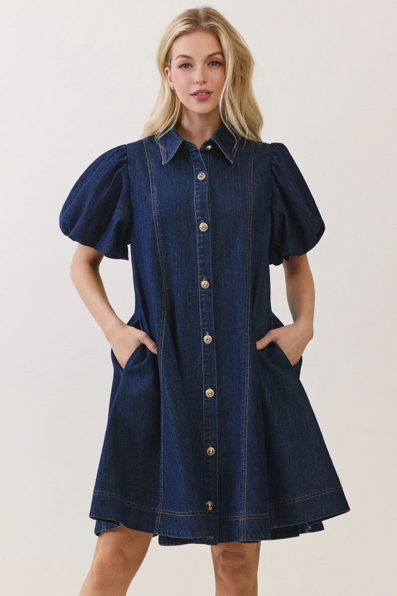 Classic Denim Bubble Sleeve Shirt Dress - 911 Fashion Boutique