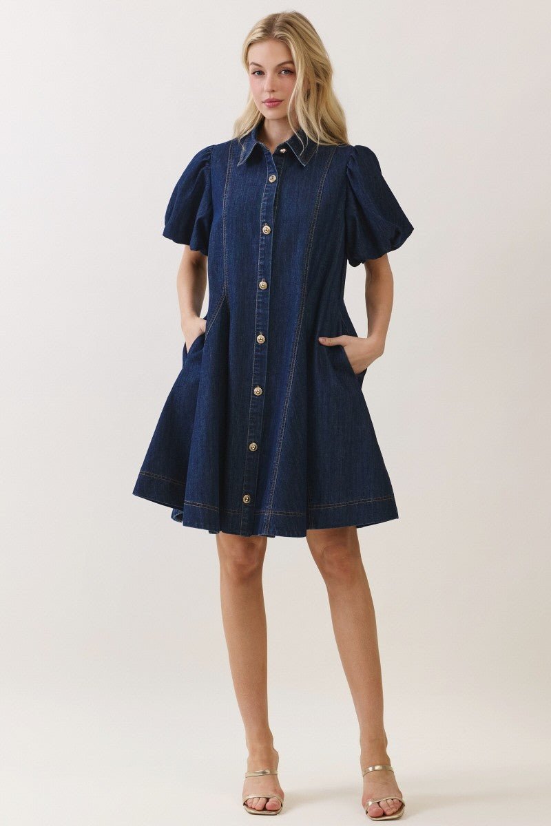 Classic Denim Bubble Sleeve Shirt Dress - 911 Fashion Boutique