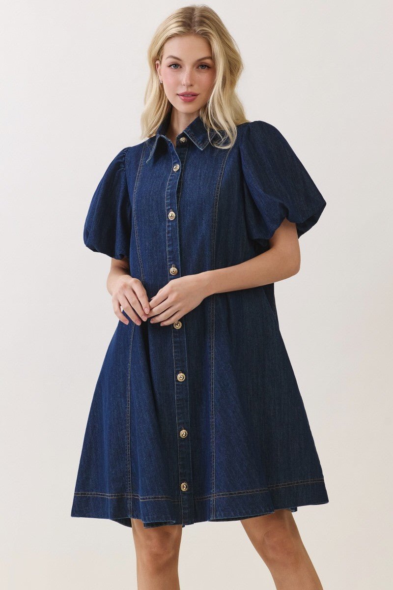 Classic Denim Bubble Sleeve Shirt Dress - 911 Fashion Boutique