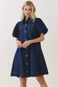 Classic Denim Bubble Sleeve Shirt Dress - 911 Fashion Boutique