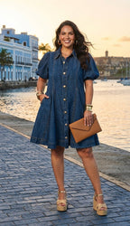 Classic Denim Bubble Sleeve Shirt Dress - 911 Fashion Boutique