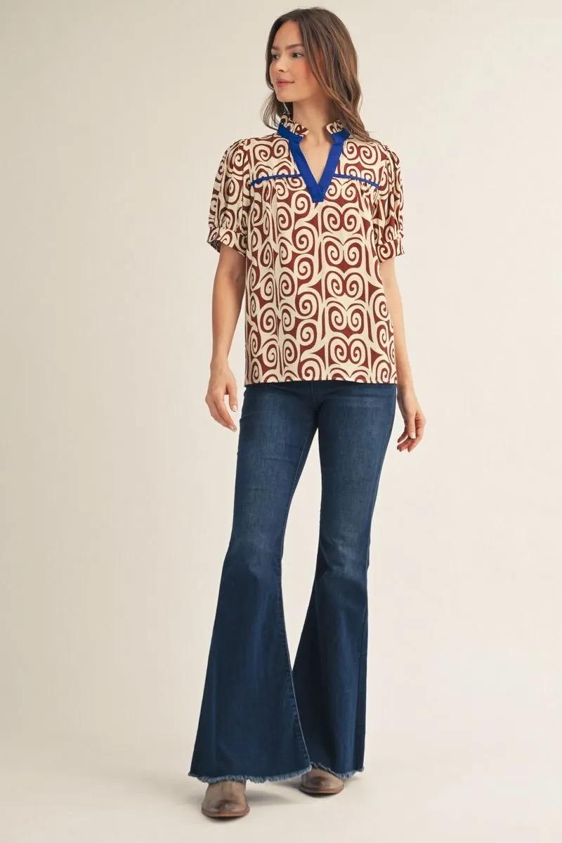 Cobalt Scroll Contrast Blouse - 911 Fashion Boutique