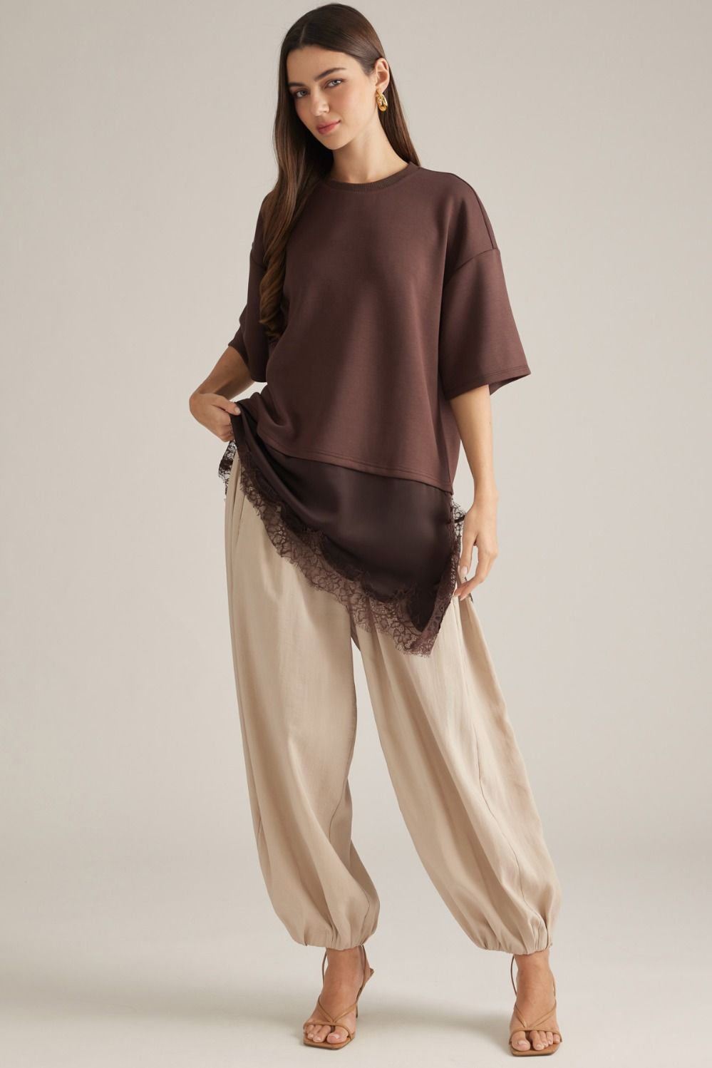 Lace Detail Balloon Pants – Taupe