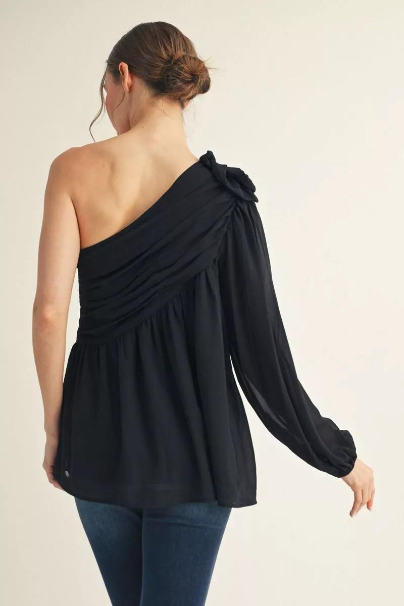 Midnight One-Shoulder Bloom Blouse - 911 Fashion Boutique