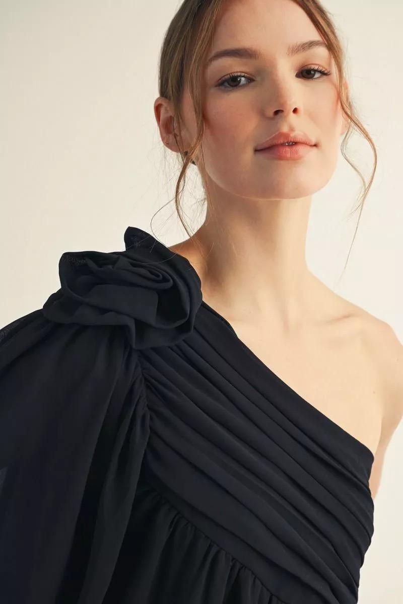 Midnight One-Shoulder Bloom Blouse - 911 Fashion Boutique