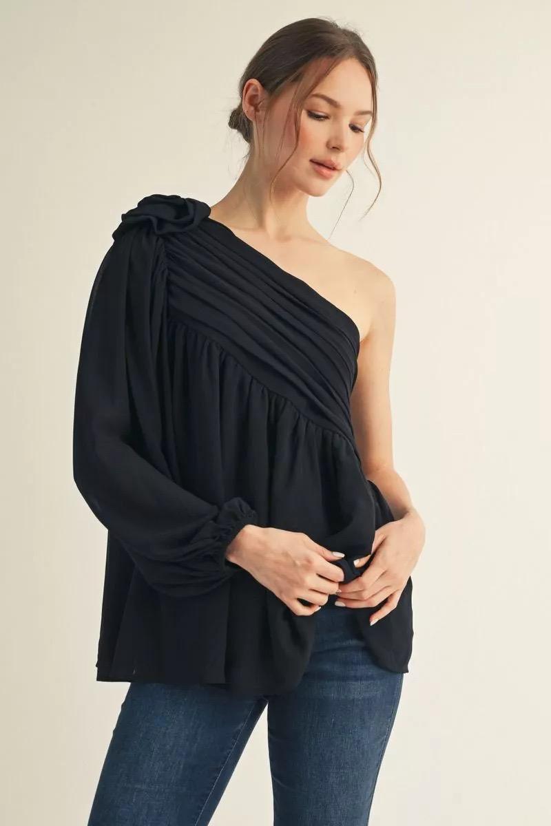 Midnight One-Shoulder Bloom Blouse - 911 Fashion Boutique