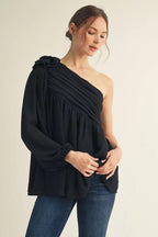 Midnight One-Shoulder Bloom Blouse - 911 Fashion Boutique