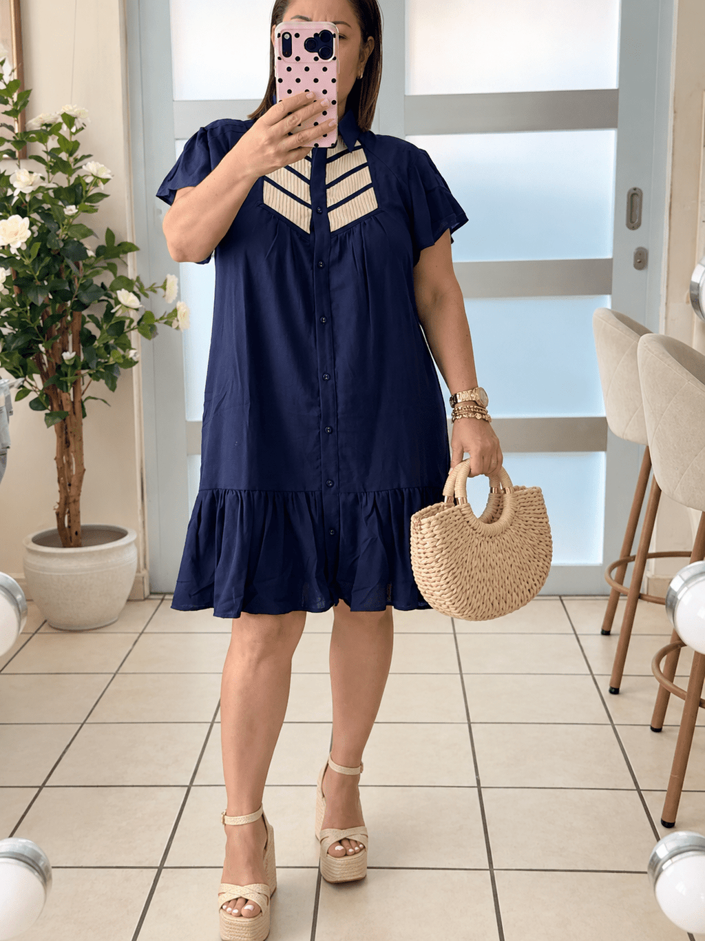 Navy & Cream Linen Blend Shirt Dress - 911 Fashion Boutique