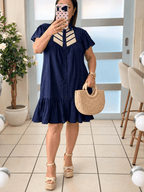 Navy & Cream Linen Blend Shirt Dress - 911 Fashion Boutique