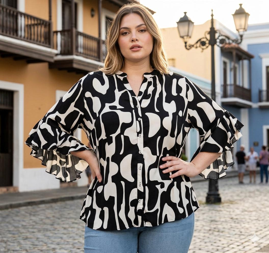 Plus Black Abstract Ruffle Blouse - 911 Fashion Boutique