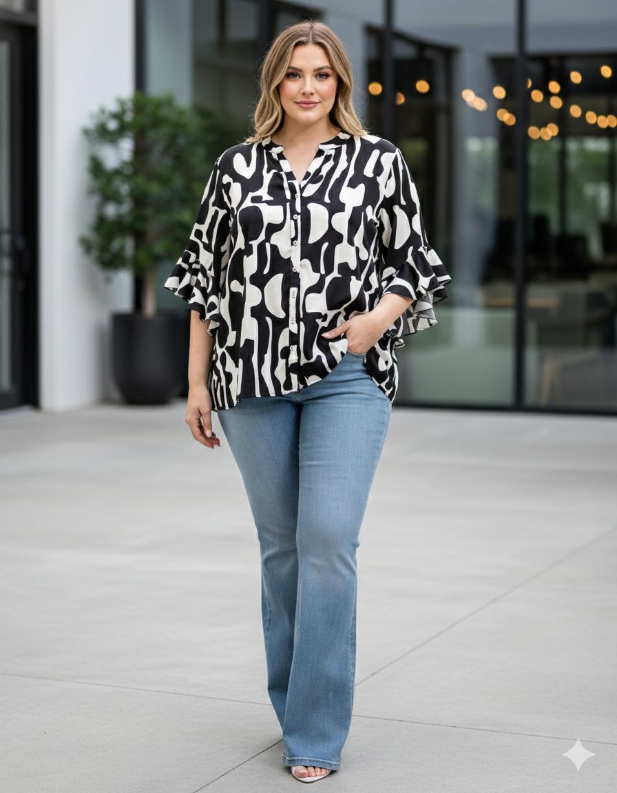 Plus Black Abstract Ruffle Blouse - 911 Fashion Boutique