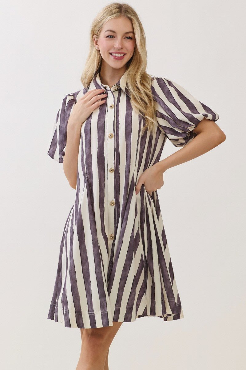 Smoky Black Brush Stripe Shirt Dress - 911 Fashion Boutique