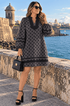 Vestido Audrey Gris - Polka Dots con Contraste Negro | Mangas Puff 100% Algodón - 911 Fashion Boutique