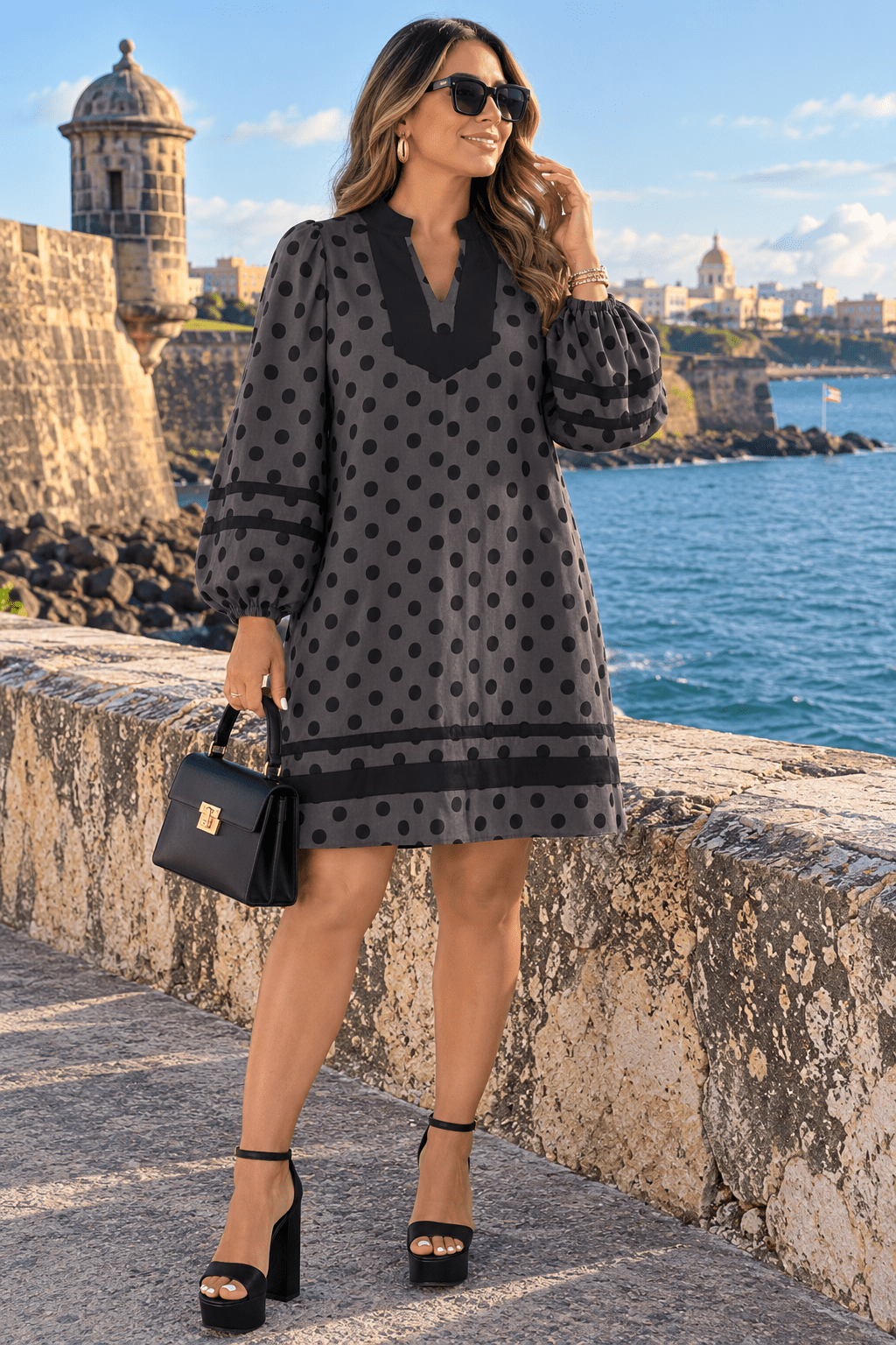 Vestido Audrey Gris - Polka Dots con Contraste Negro | Mangas Puff 100% Algodón - 911 Fashion Boutique