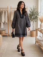 Vestido Audrey Gris - Polka Dots con Contraste Negro | Mangas Puff 100% Algodón - 911 Fashion Boutique