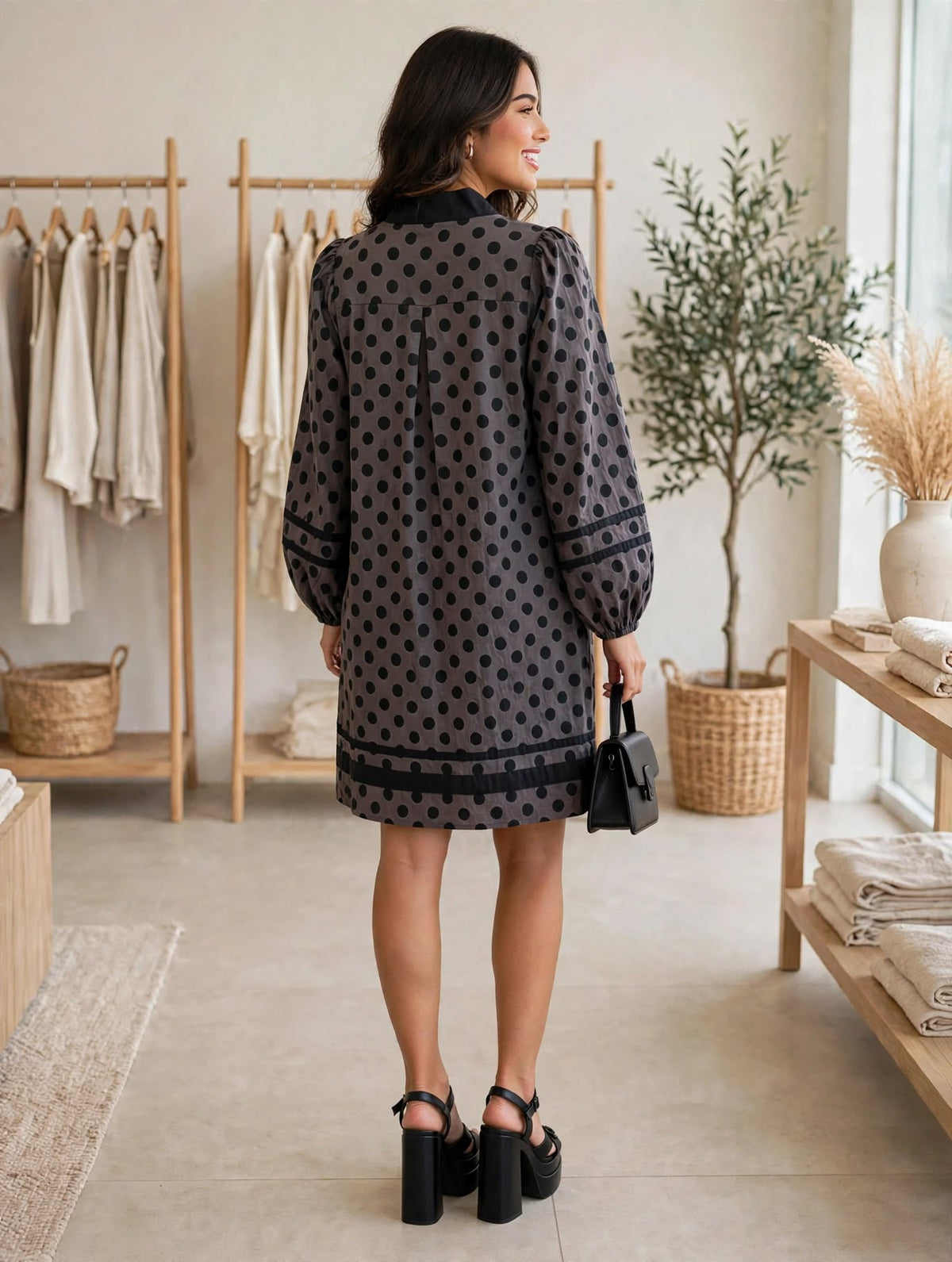 Vestido Audrey Gris - Polka Dots con Contraste Negro | Mangas Puff 100% Algodón - 911 Fashion Boutique